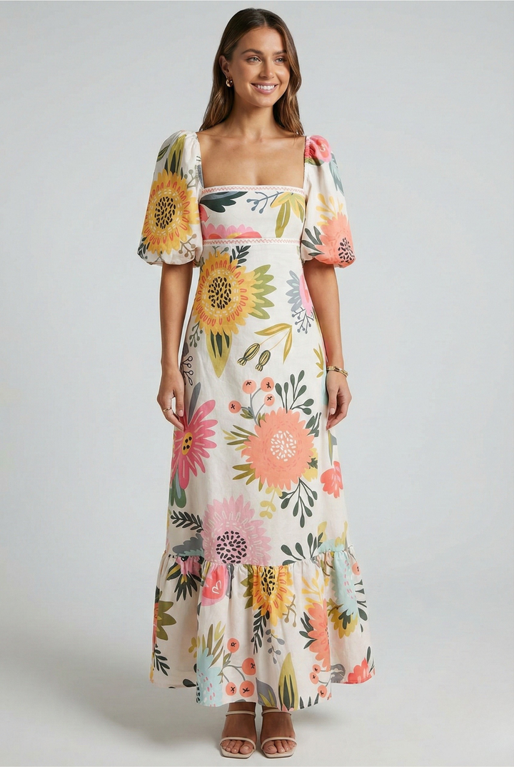 Luna’s Blooming Elegance Puff Sleeve Maxi Dress
