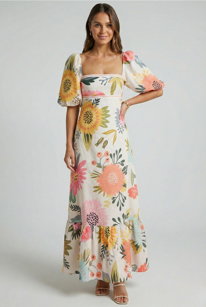 Luna’s Blooming Elegance Puff Sleeve Maxi Dress