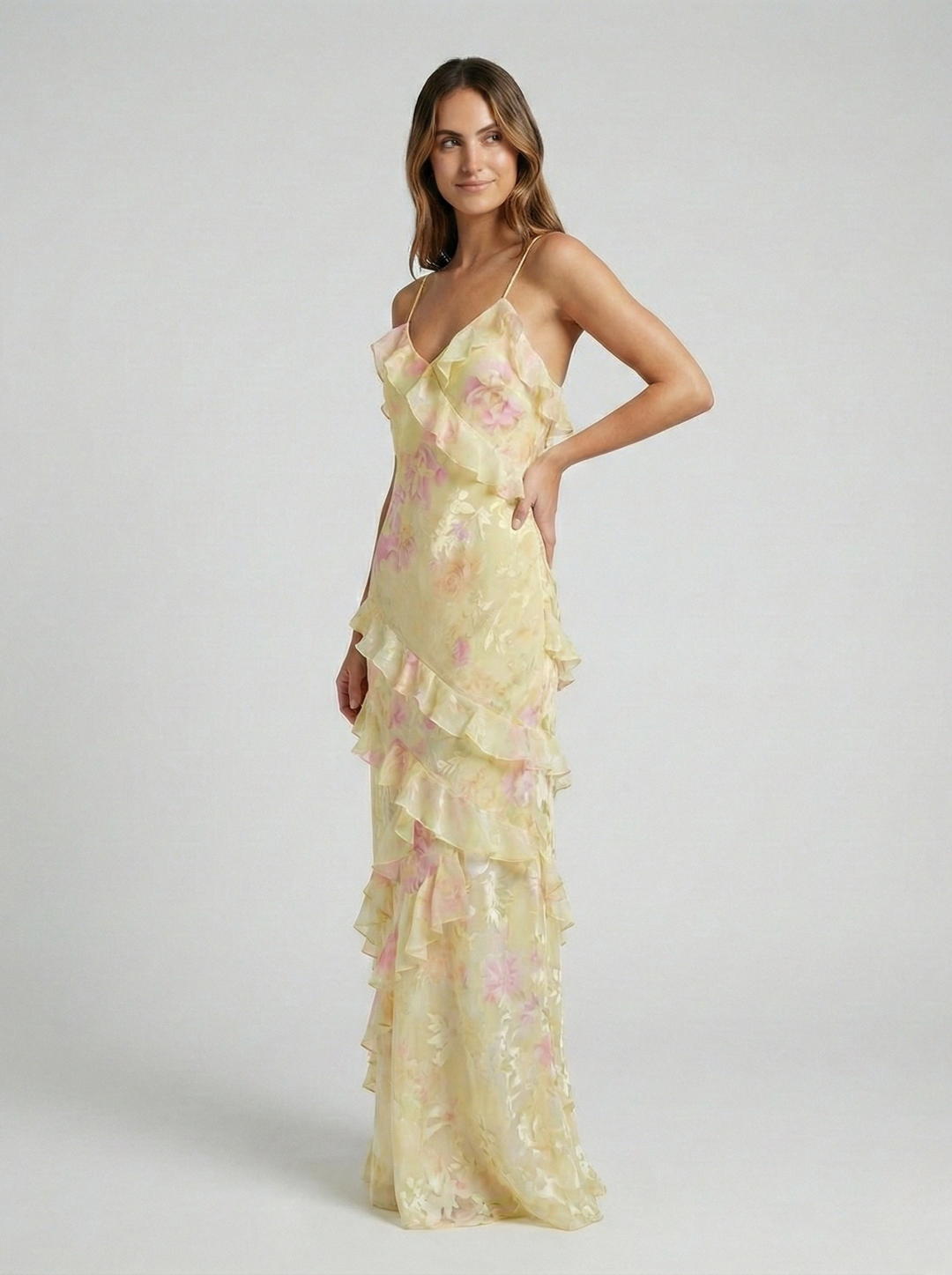 flowy midi dress with slit Floral Spaghetti Strap Dress with Slit – Sweetheart Ruffle Midi – ZINNTRA main image 1
