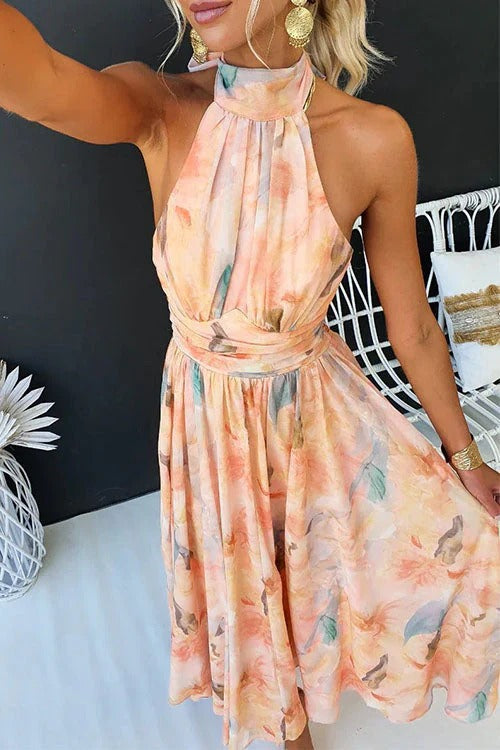 Luna’s Daydream Whirl Halter Pleated Midi Dress
