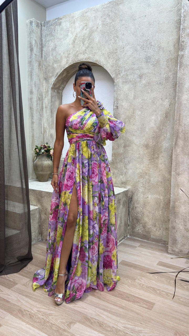 Luna’s Floral Symphony One-Shoulder Maxi Dress