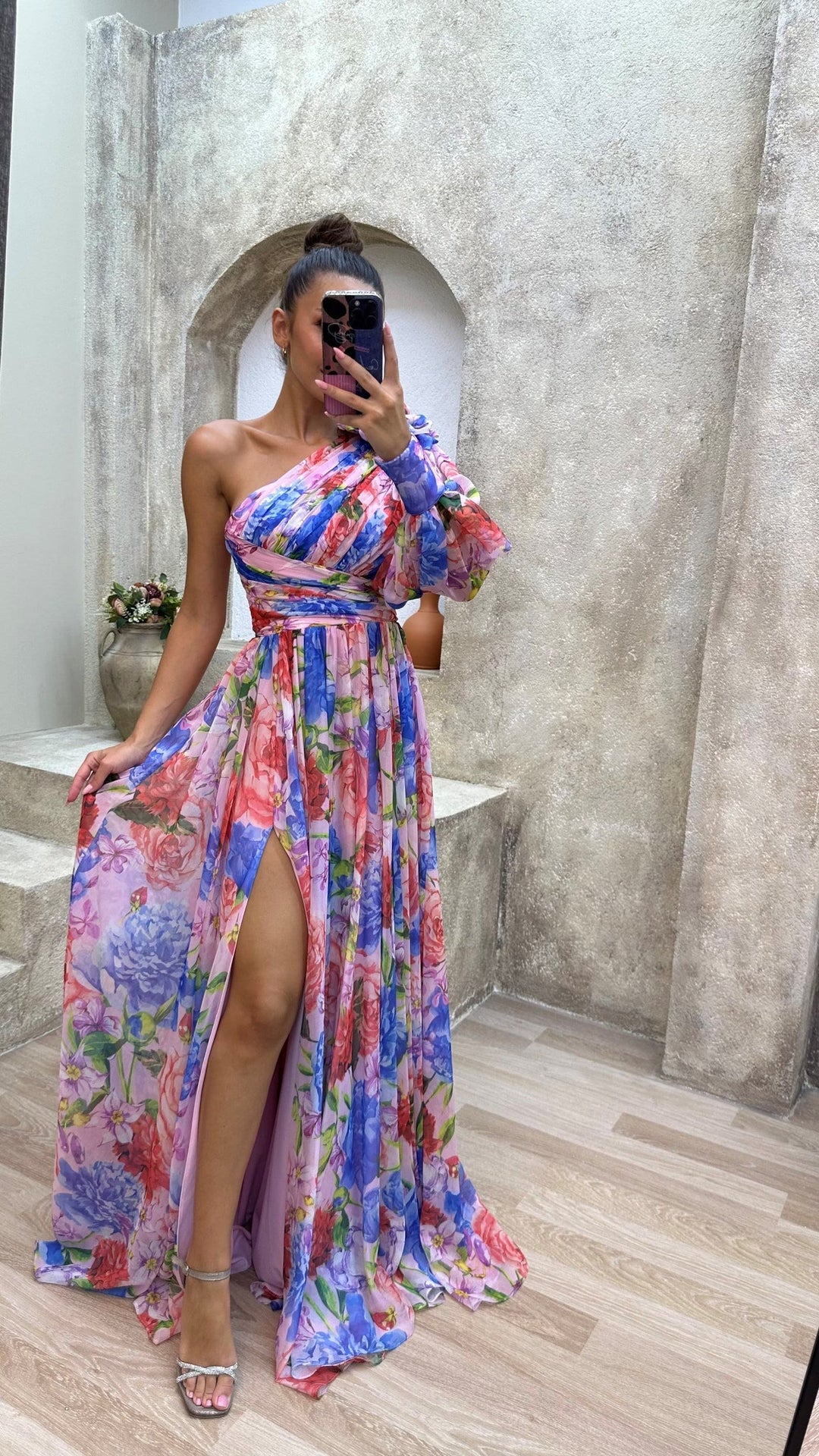Luna’s Floral Symphony One-Shoulder Maxi Dress