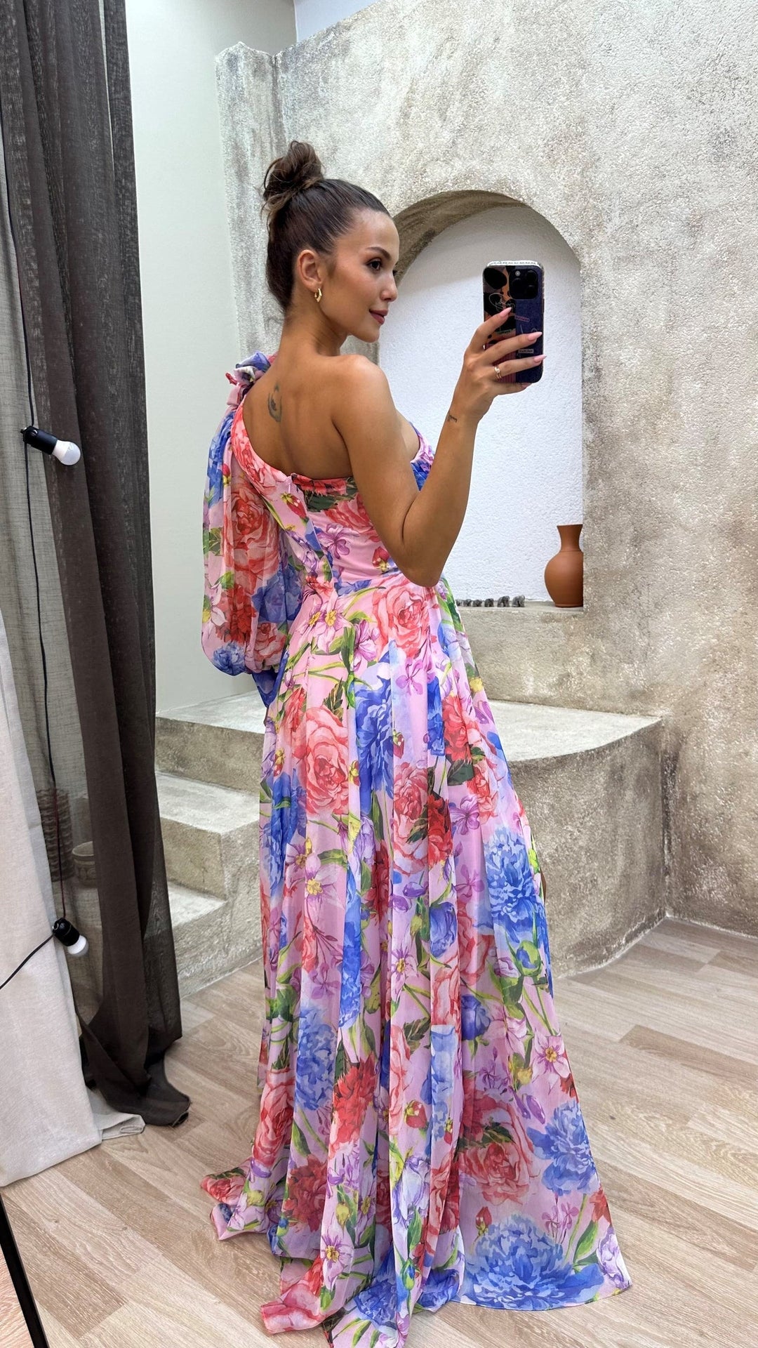 Luna’s Floral Symphony One-Shoulder Maxi Dress