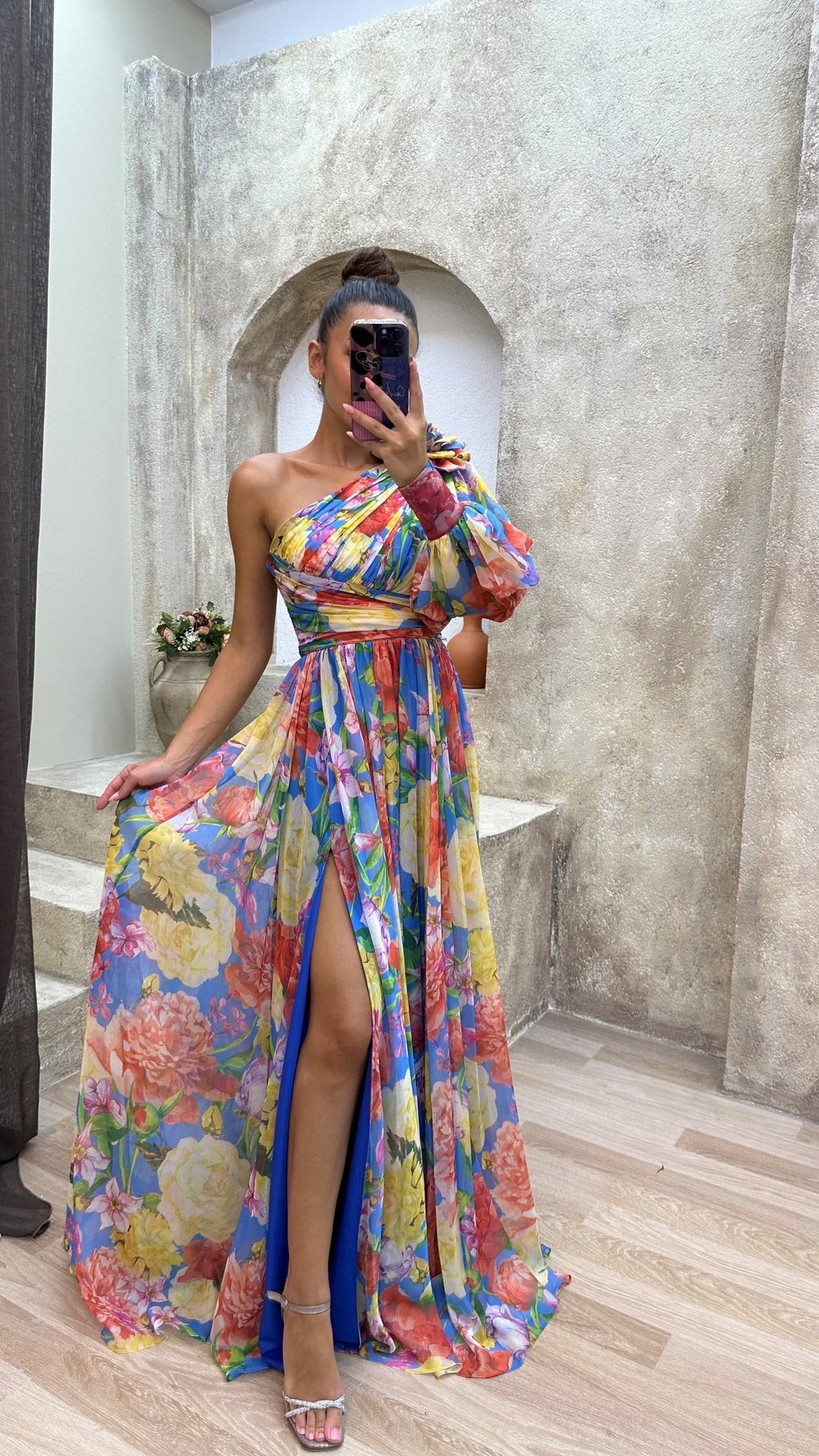 Luna’s Floral Symphony One-Shoulder Maxi Dress