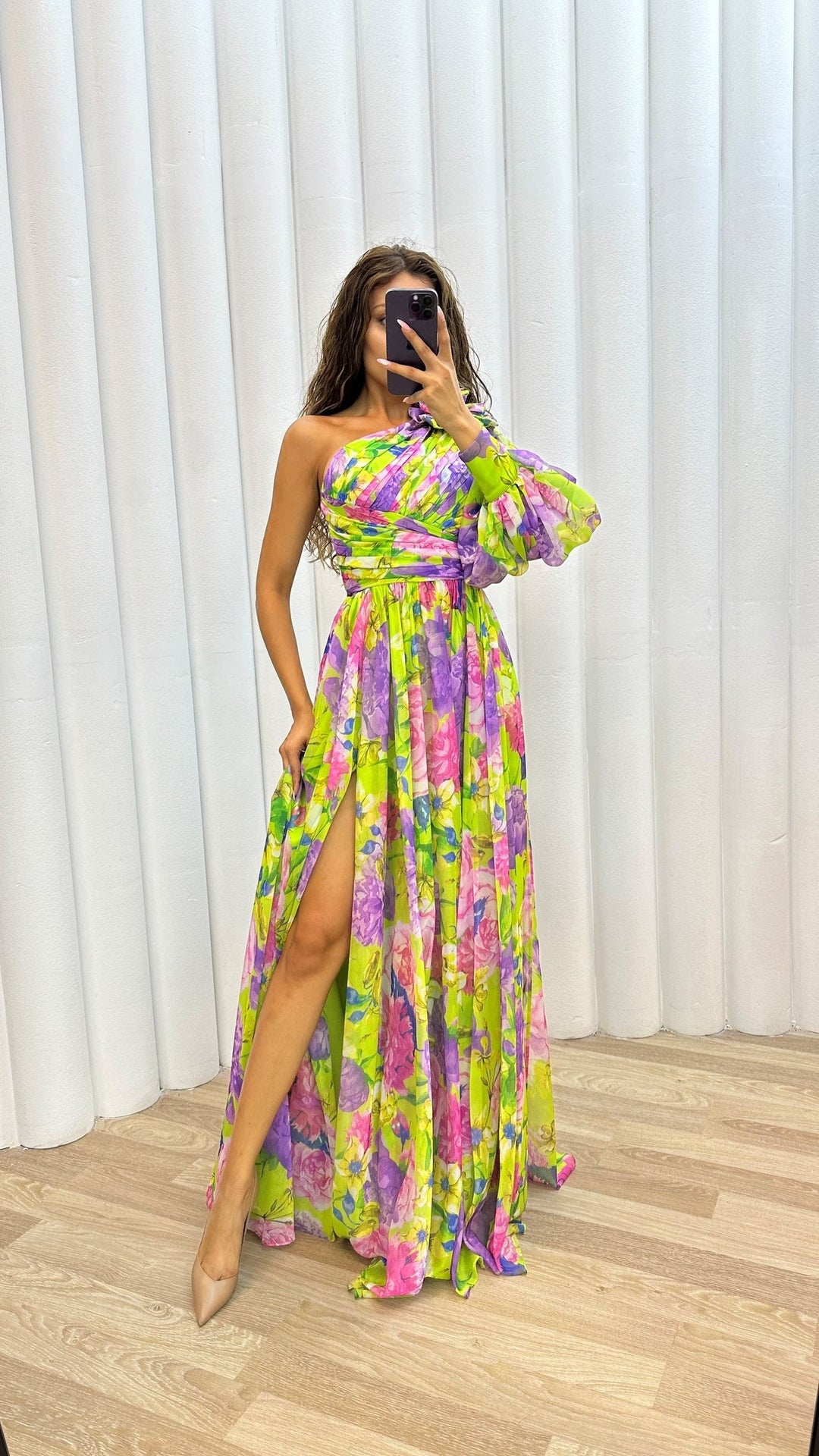 Luna’s Floral Symphony One-Shoulder Maxi Dress