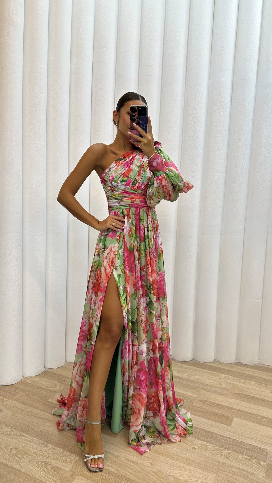 Luna’s Floral Symphony One-Shoulder Maxi Dress