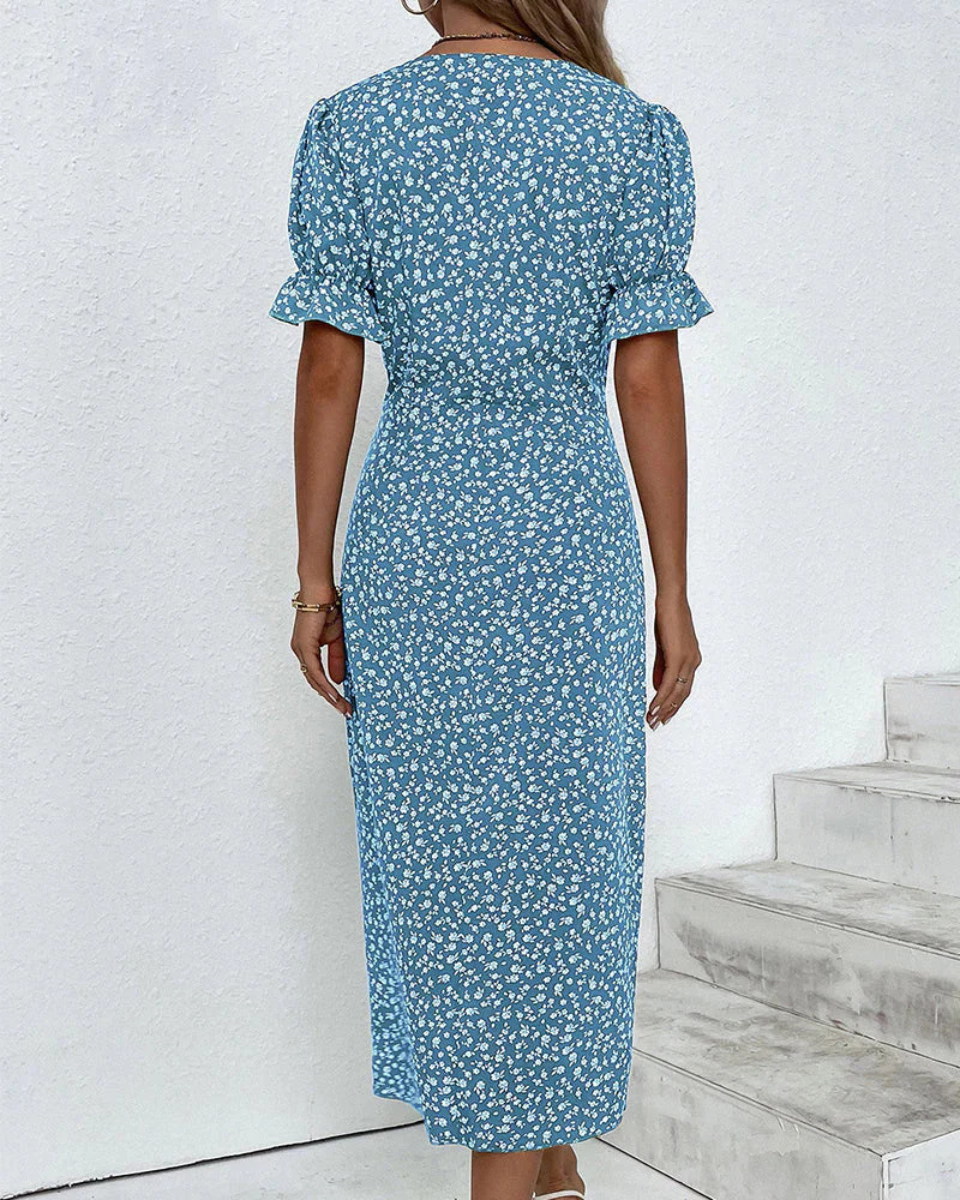 Luna’s Floral Wrap Flutter Midi Dress