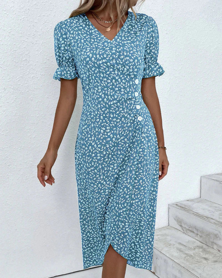 Luna’s Floral Wrap Flutter Midi Dress
