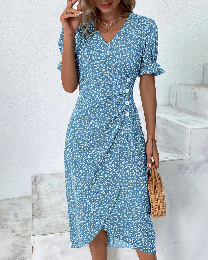 Luna’s Floral Wrap Flutter Midi Dress
