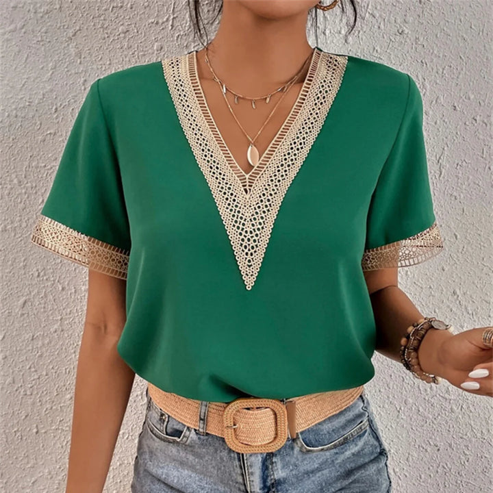 Luna’s Golden Serenity Crochet Trim Blouse