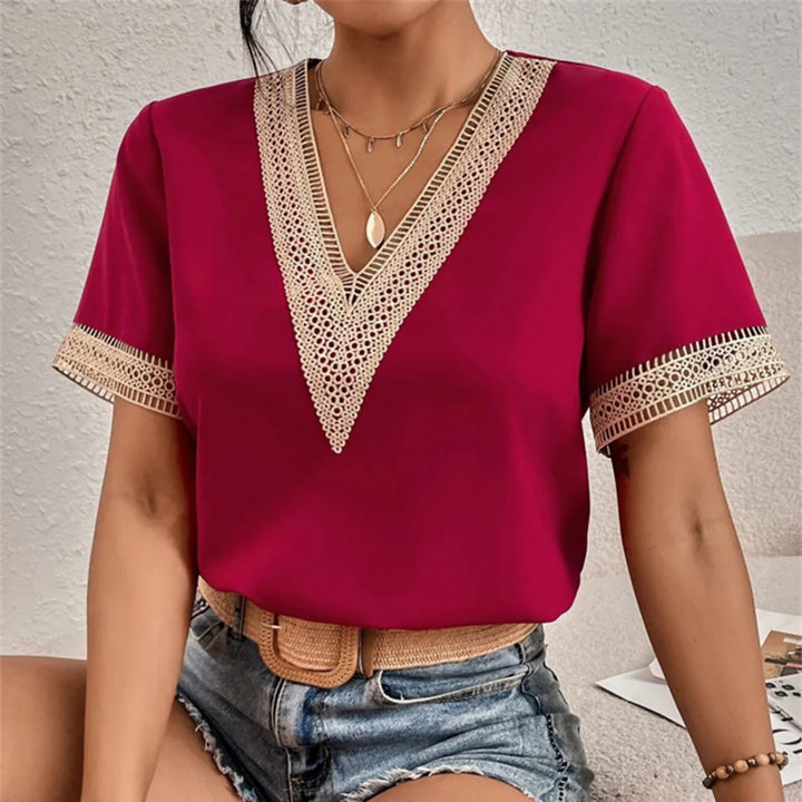 Luna’s Golden Serenity Crochet Trim Blouse