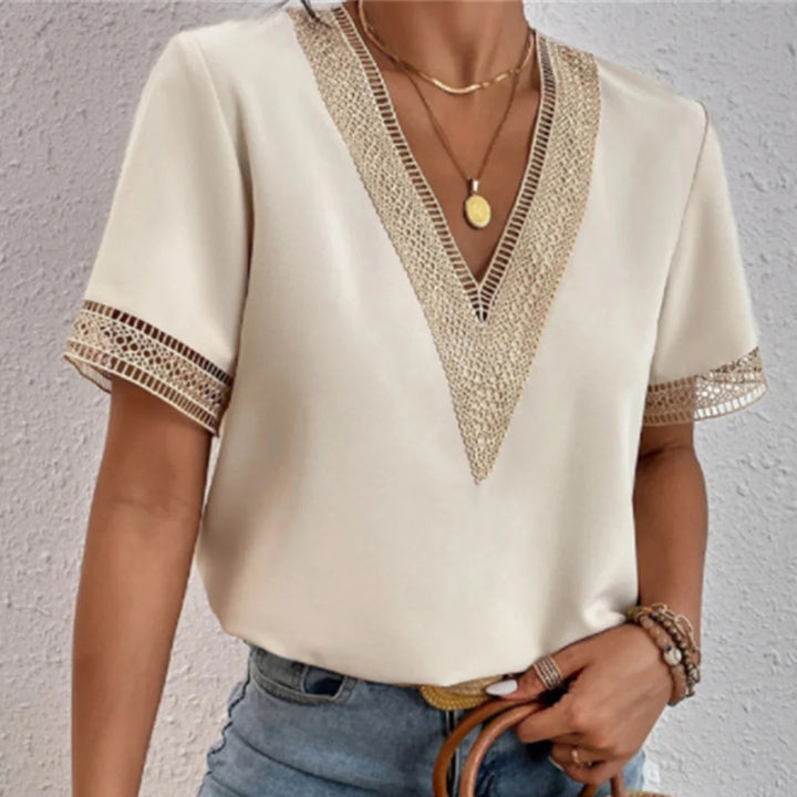 Luna’s Golden Serenity Crochet Trim Blouse