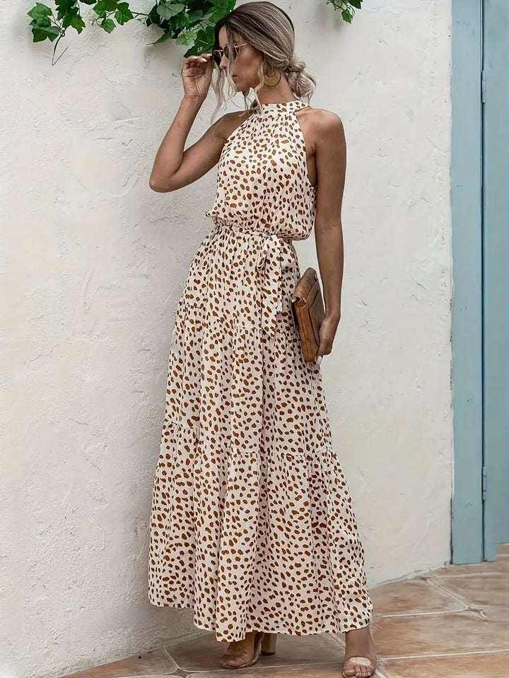 Luna’s Golden Whimsy Halter Maxi Dress