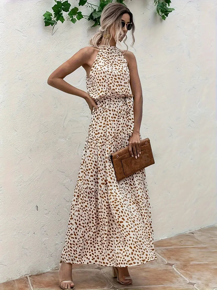 Luna’s Golden Whimsy Halter Maxi Dress
