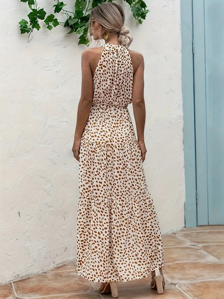 Luna’s Golden Whimsy Halter Maxi Dress