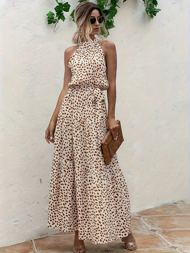 Luna’s Golden Whimsy Halter Maxi Dress