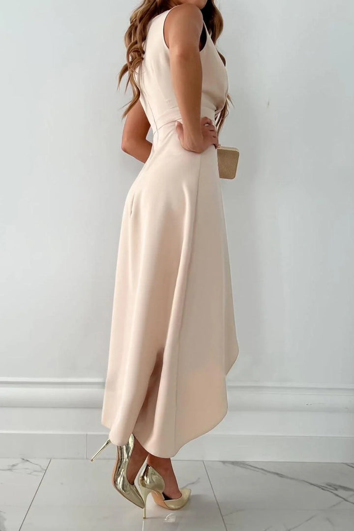 Luna’s Golden Whisper Draped Asymmetrical Dress