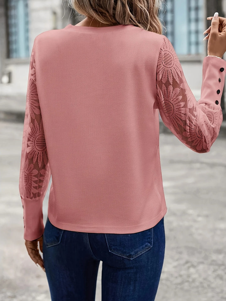 Luna’s Golden Whisper Floral-Sleeve Chic Blouse