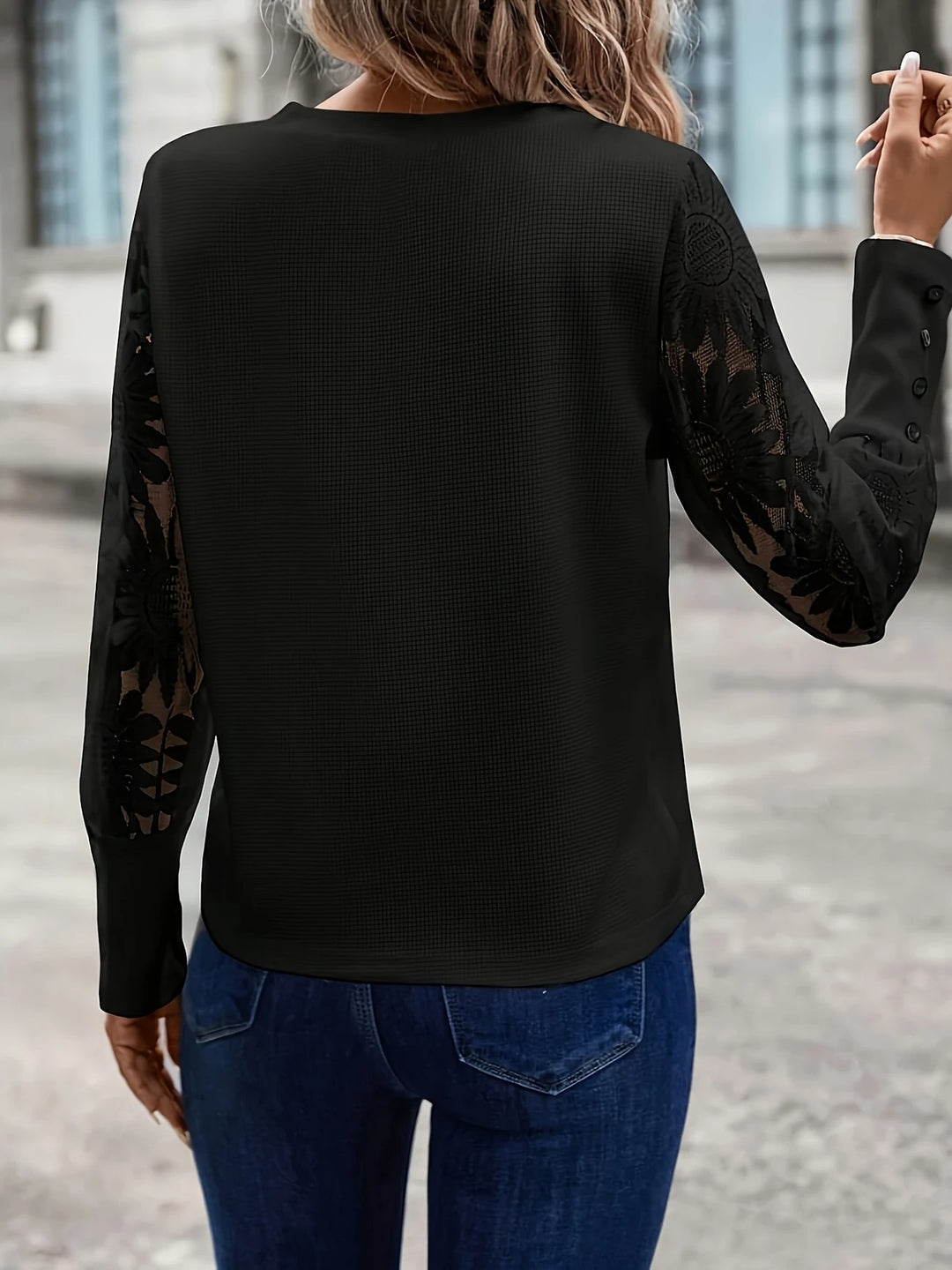 Luna’s Golden Whisper Floral-Sleeve Chic Blouse