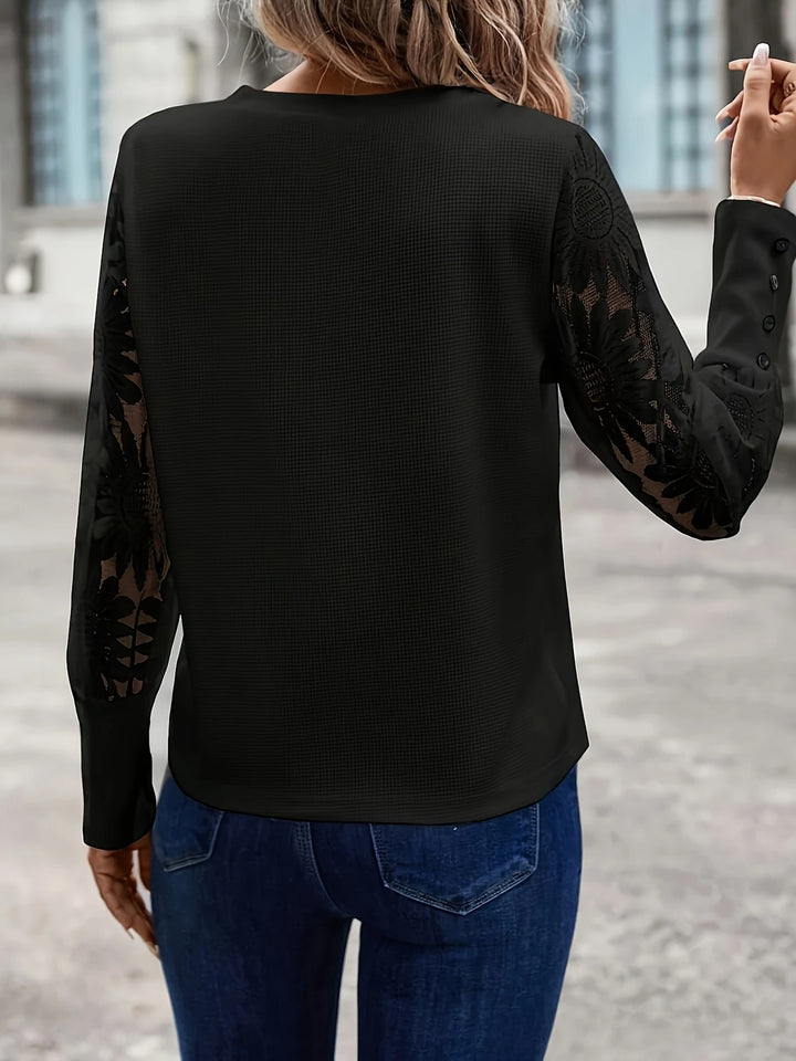 Luna’s Golden Whisper Floral-Sleeve Chic Blouse