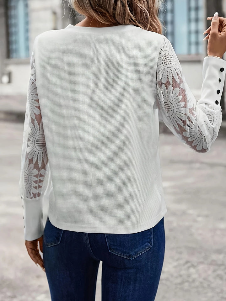 Luna’s Golden Whisper Floral-Sleeve Chic Blouse