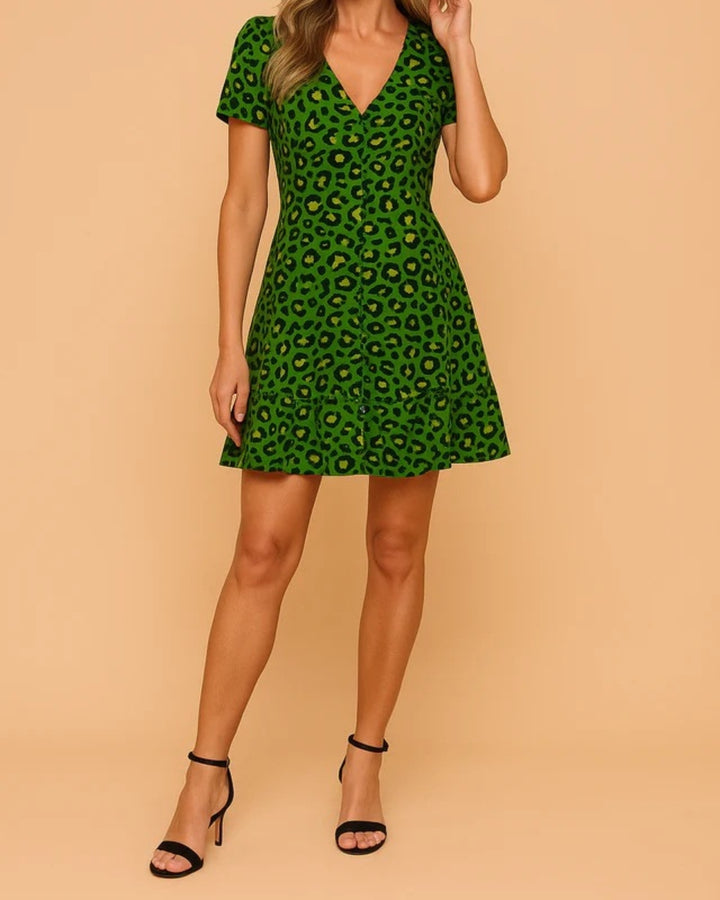 Luna’s Leopard V-Neck Ruffle Mini Dress