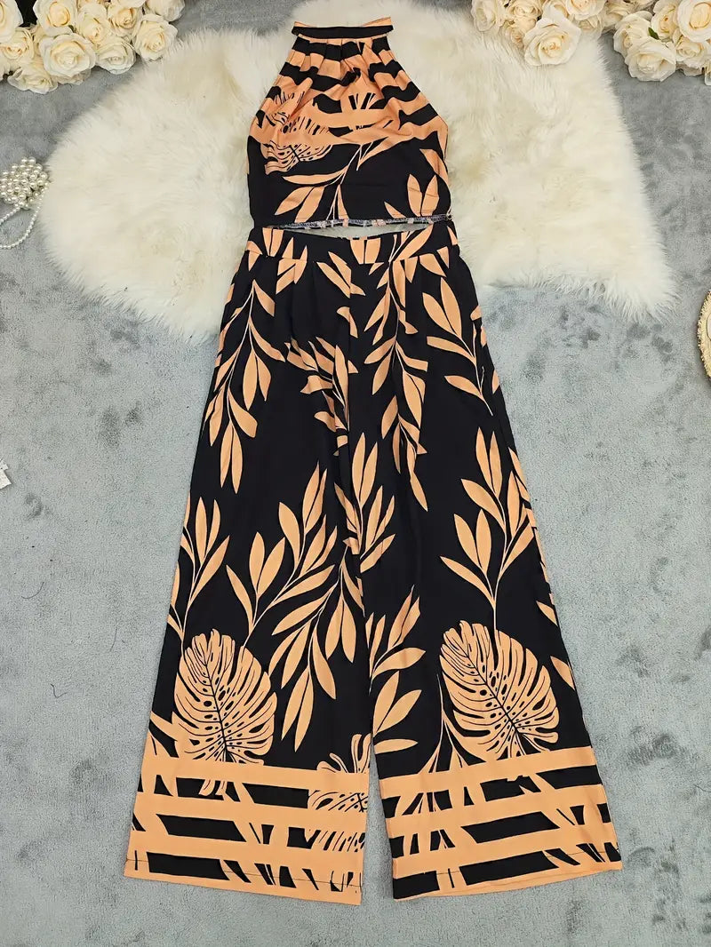 Luna’s Midnight Mirage Leaf-Print Halter Set
