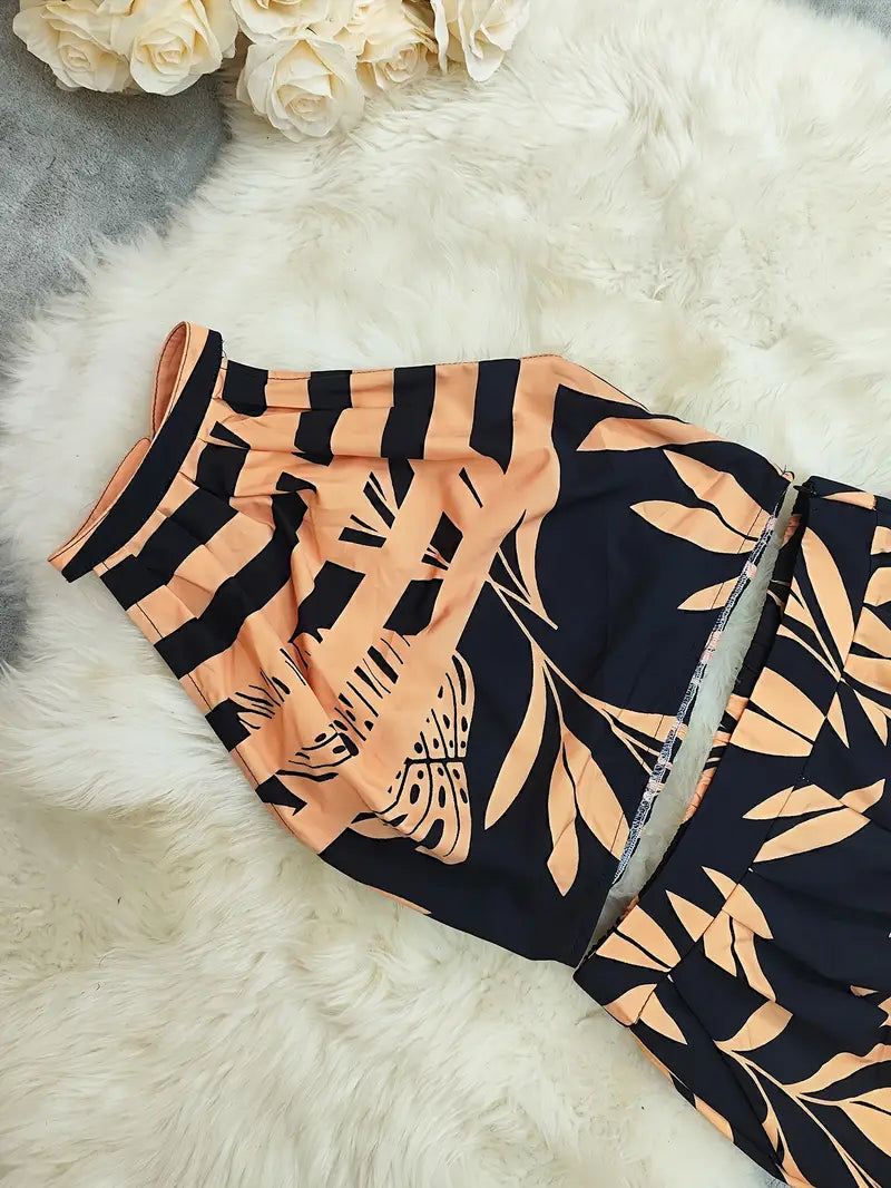 Luna’s Midnight Mirage Leaf-Print Halter Set