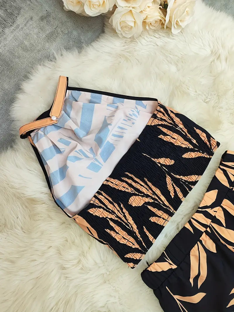 Luna’s Midnight Mirage Leaf-Print Halter Set