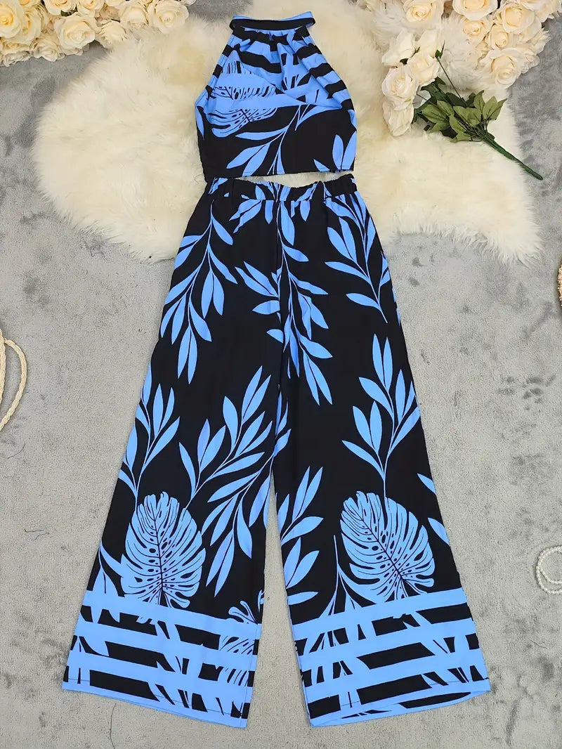 Luna’s Midnight Mirage Leaf-Print Halter Set