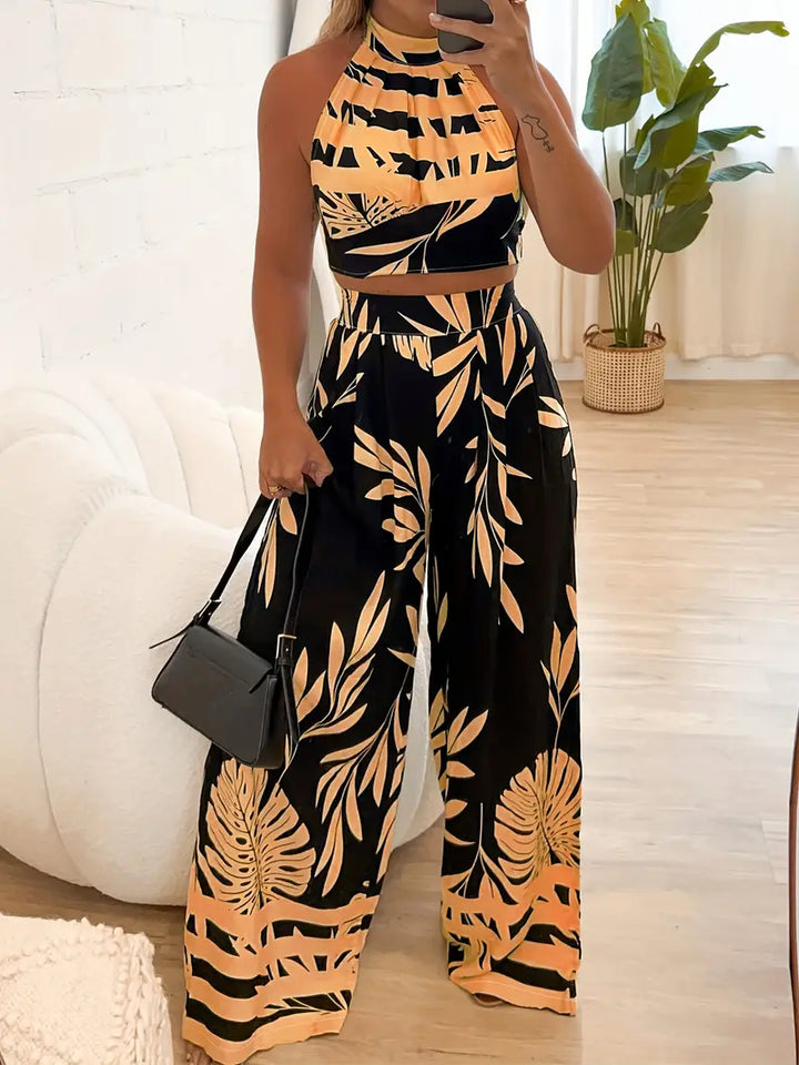 Luna’s Midnight Mirage Leaf-Print Halter Set
