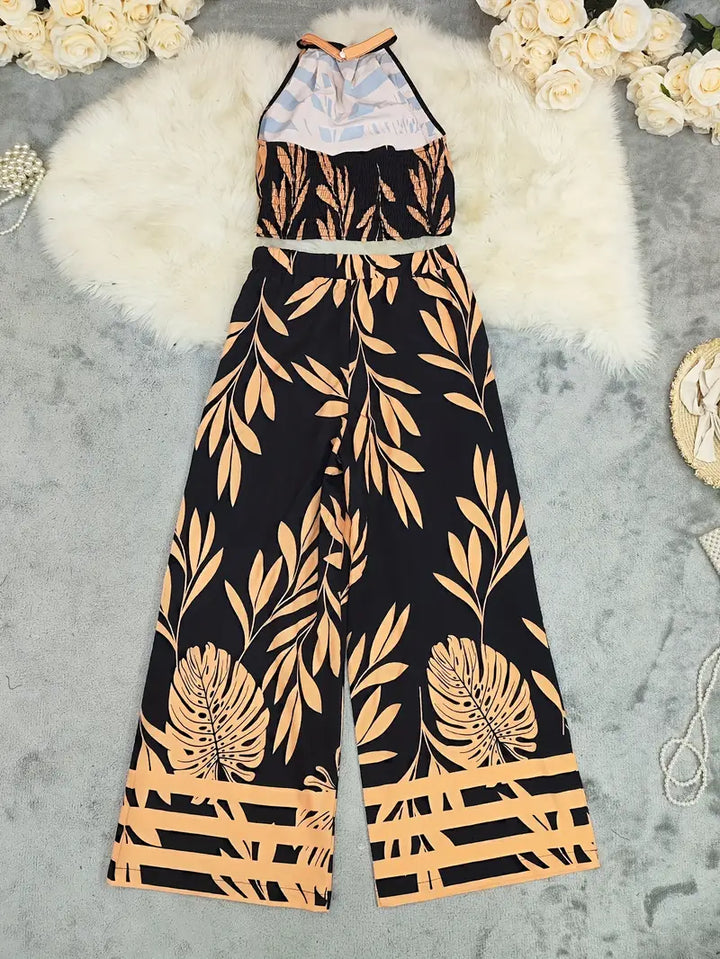 Luna’s Midnight Mirage Leaf-Print Halter Set