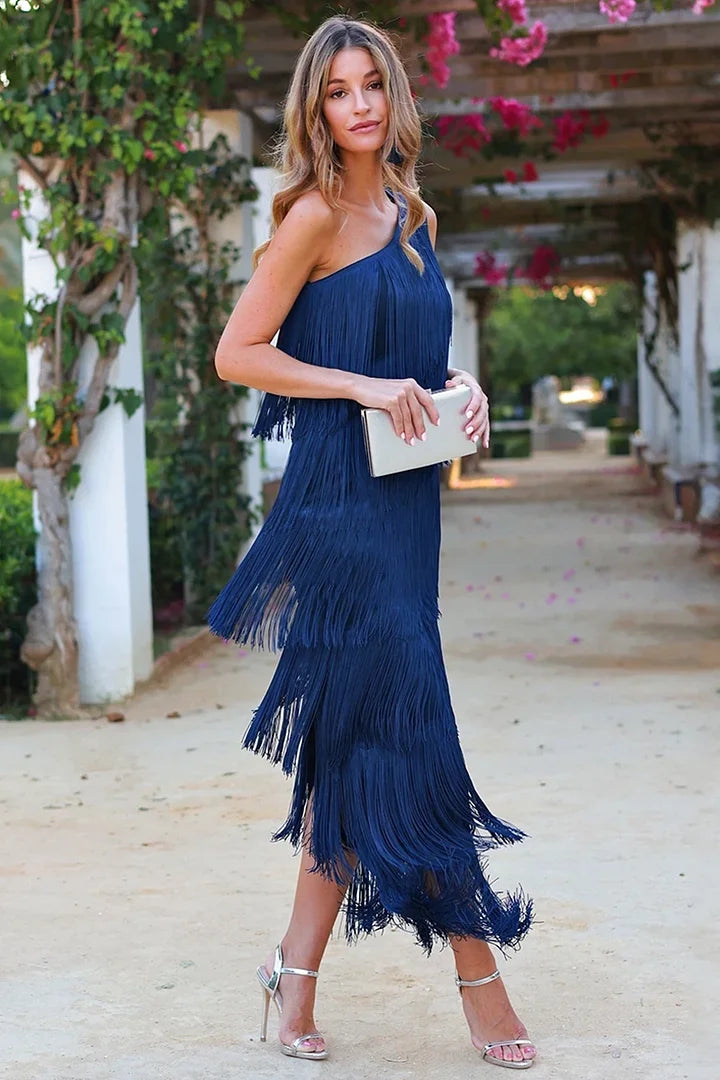 Luna’s Midnight Whimsy Fringe One-Shoulder Maxi Dress