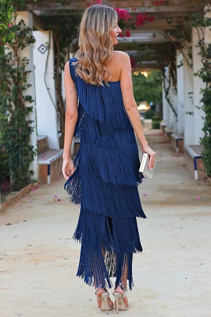 Luna’s Midnight Whimsy Fringe One-Shoulder Maxi Dress
