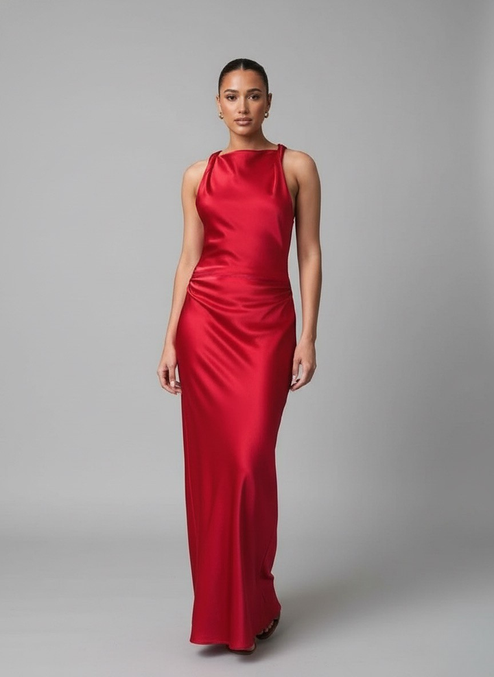 Luna’s Sleek Glossy Ruched Maxi Dress