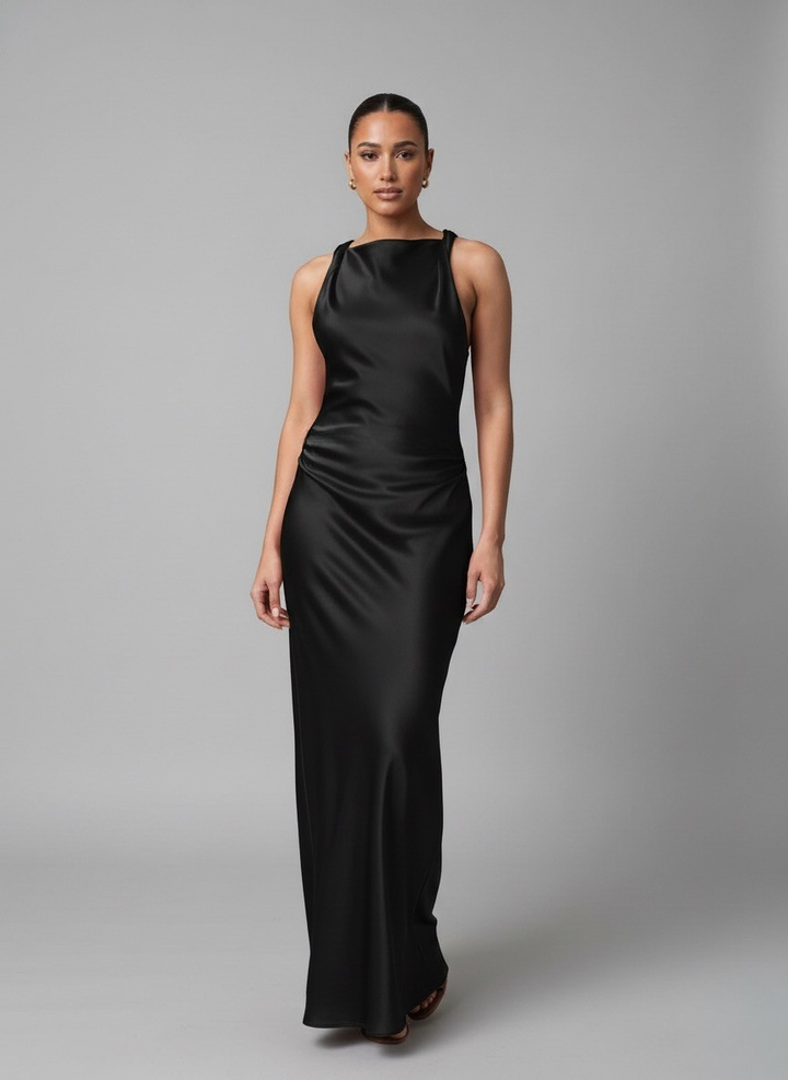 Luna’s Sleek Glossy Ruched Maxi Dress