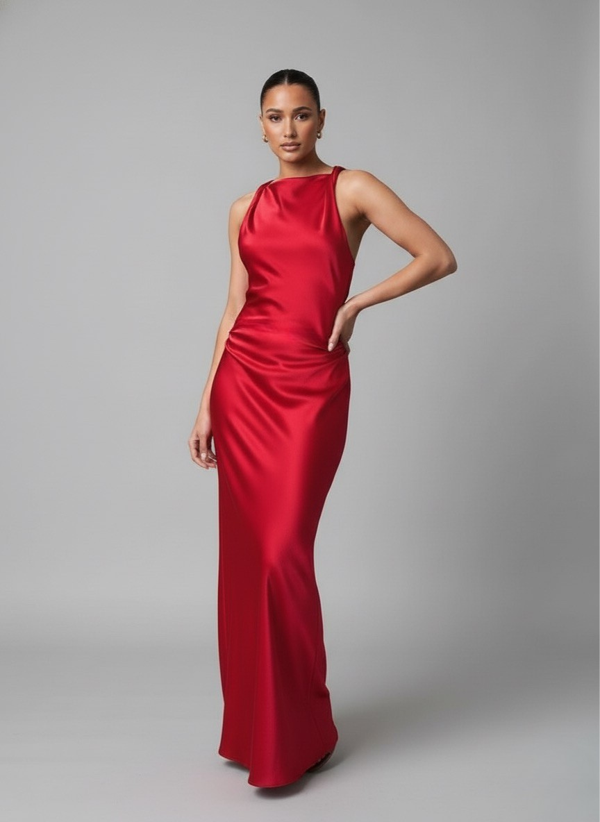 Luna’s Sleek Glossy Ruched Maxi Dress