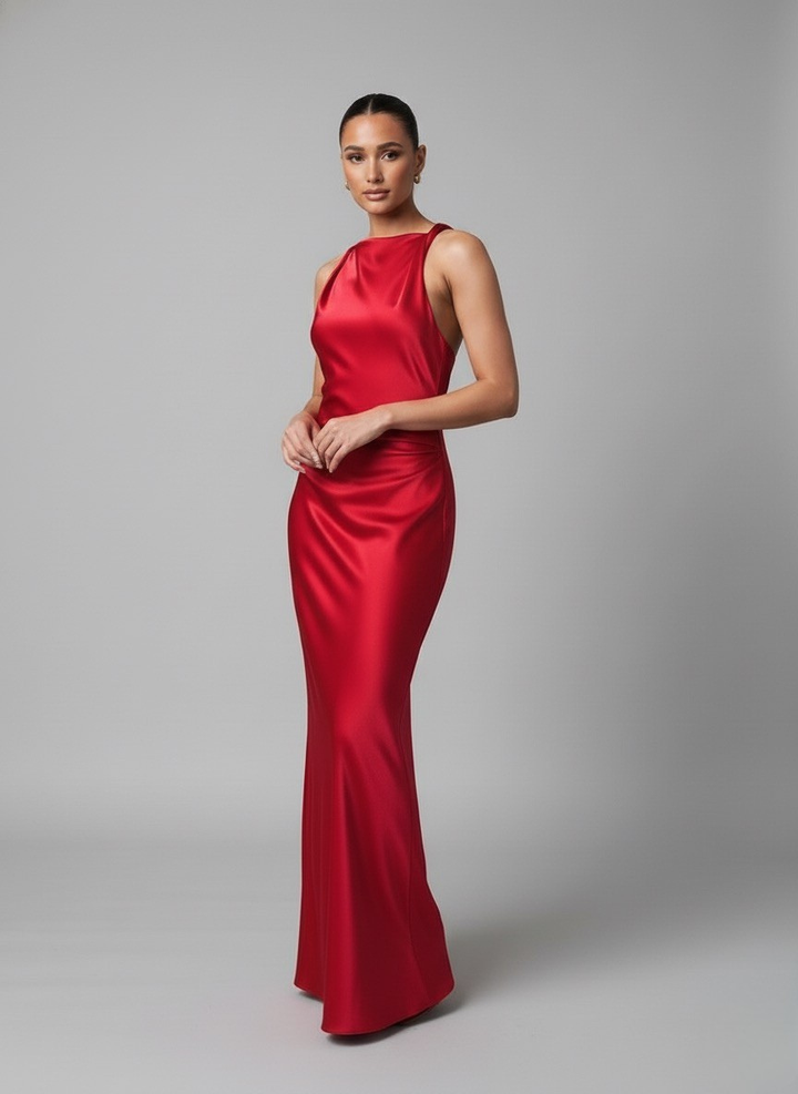 Luna’s Sleek Glossy Ruched Maxi Dress