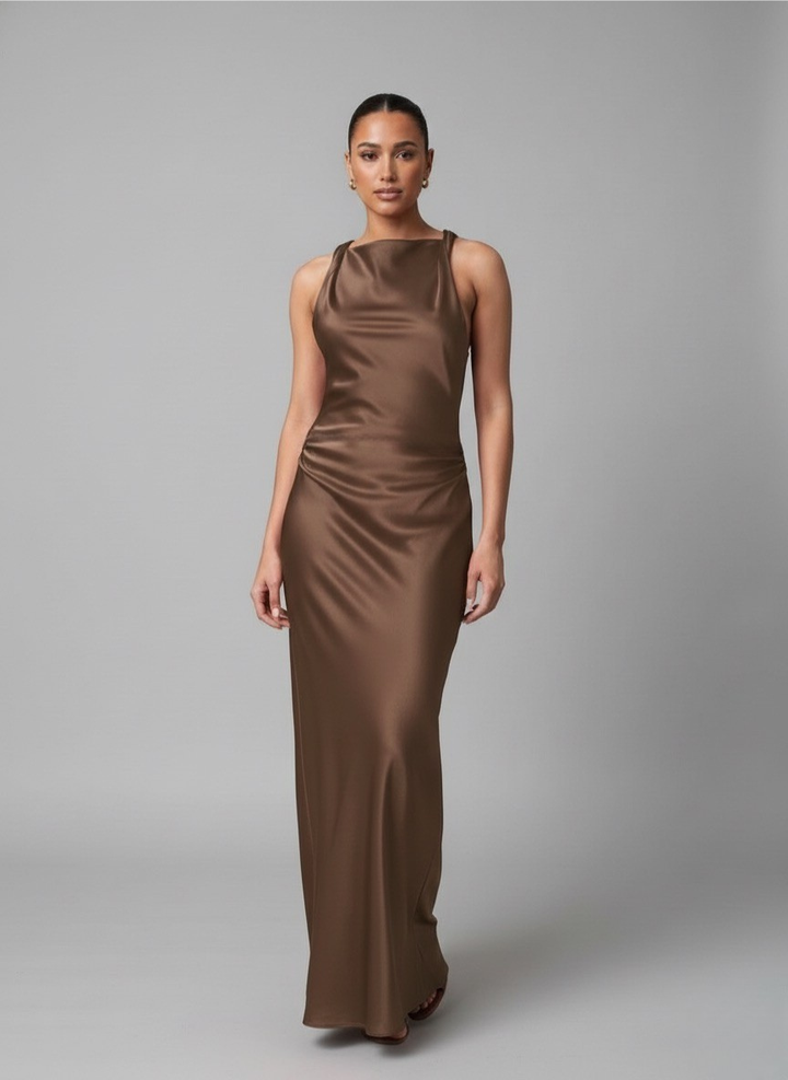 Luna’s Sleek Glossy Ruched Maxi Dress
