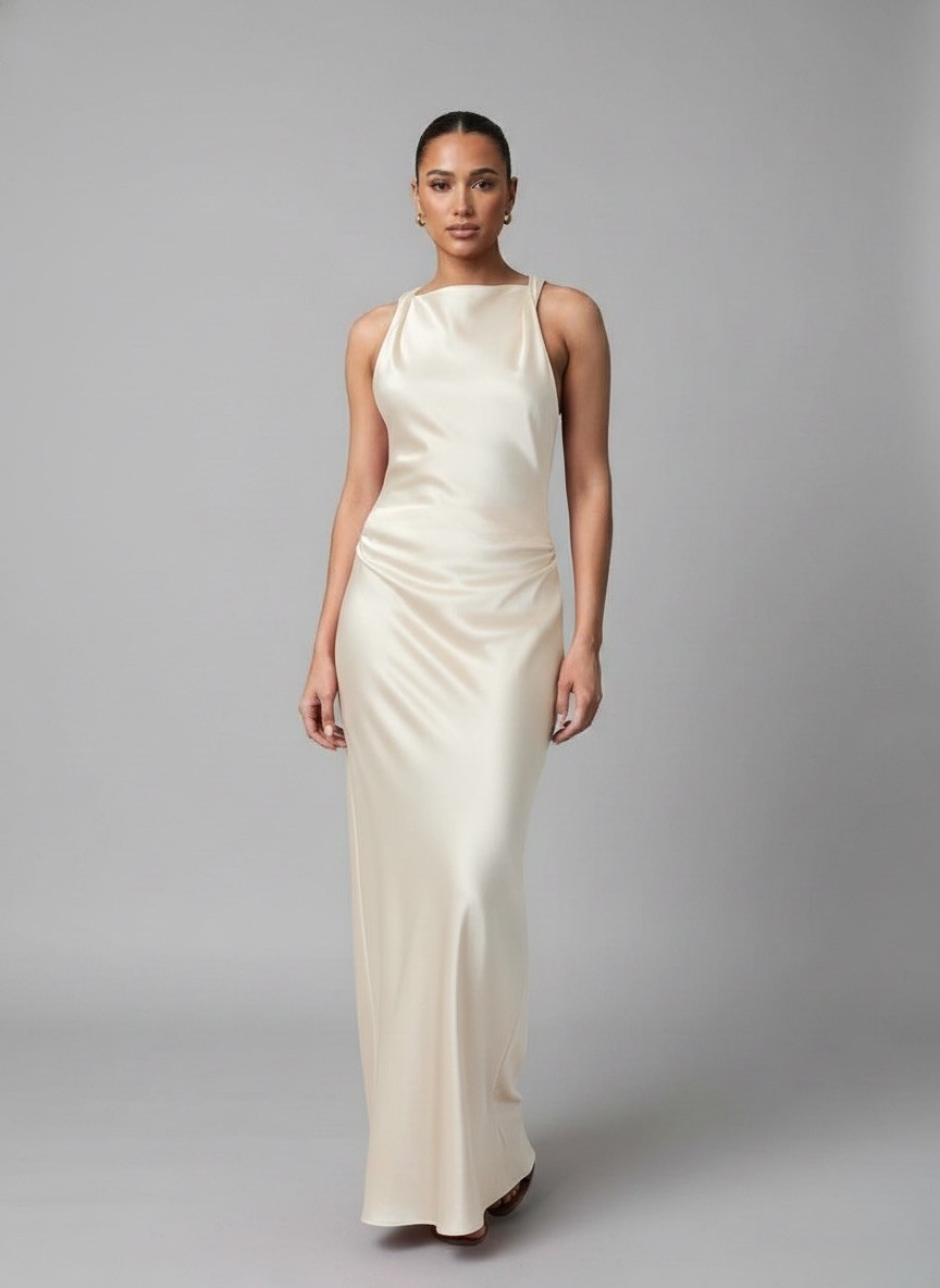 Luna’s Sleek Glossy Ruched Maxi Dress