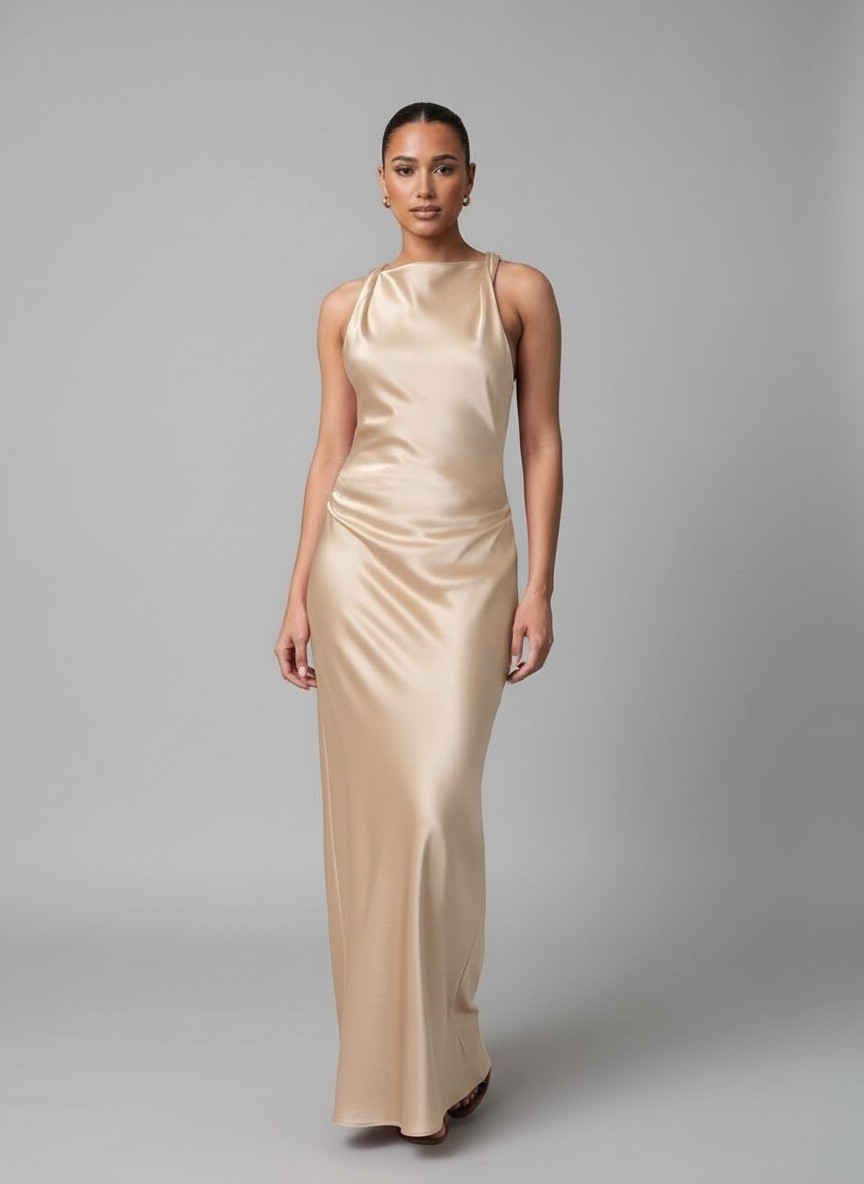 Luna’s Sleek Glossy Ruched Maxi Dress