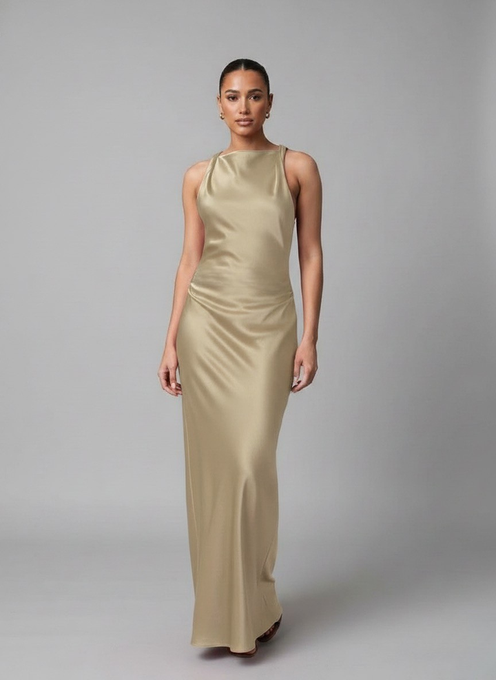 Luna’s Sleek Glossy Ruched Maxi Dress