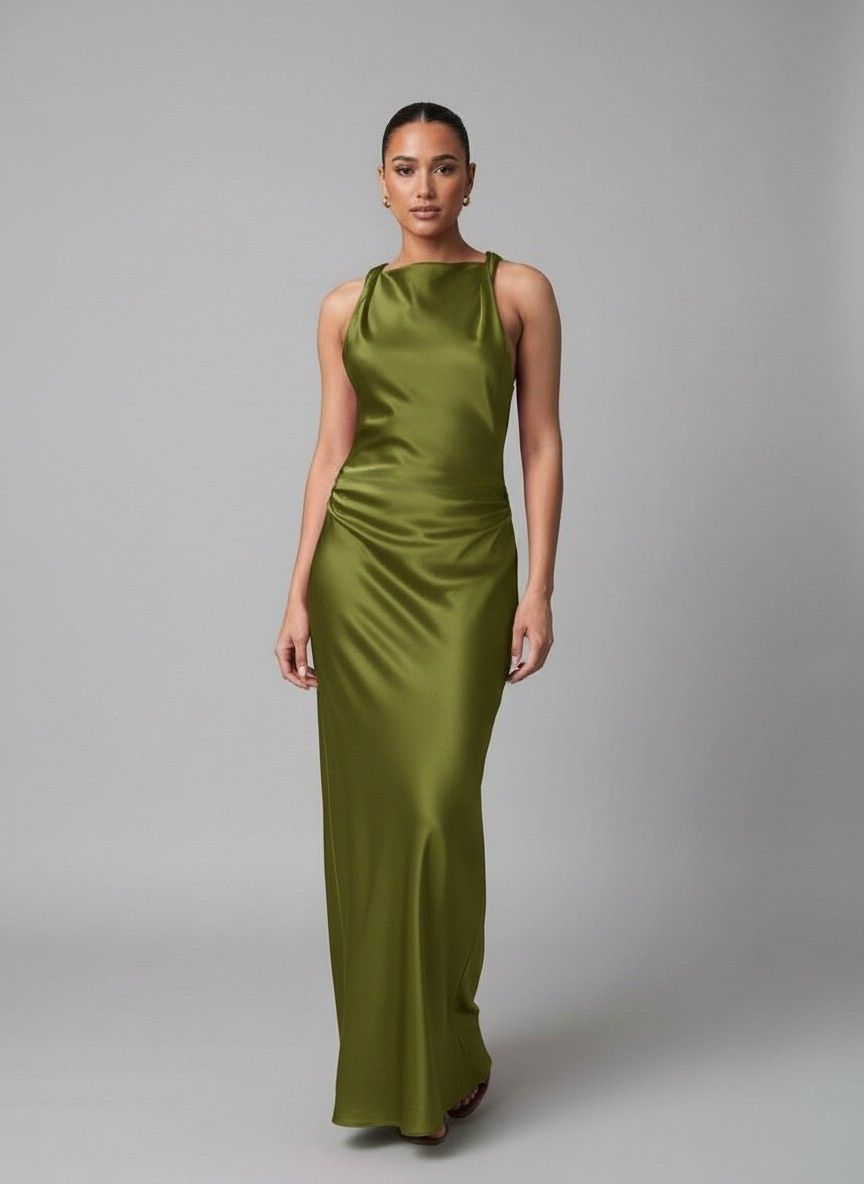 Luna’s Sleek Glossy Ruched Maxi Dress