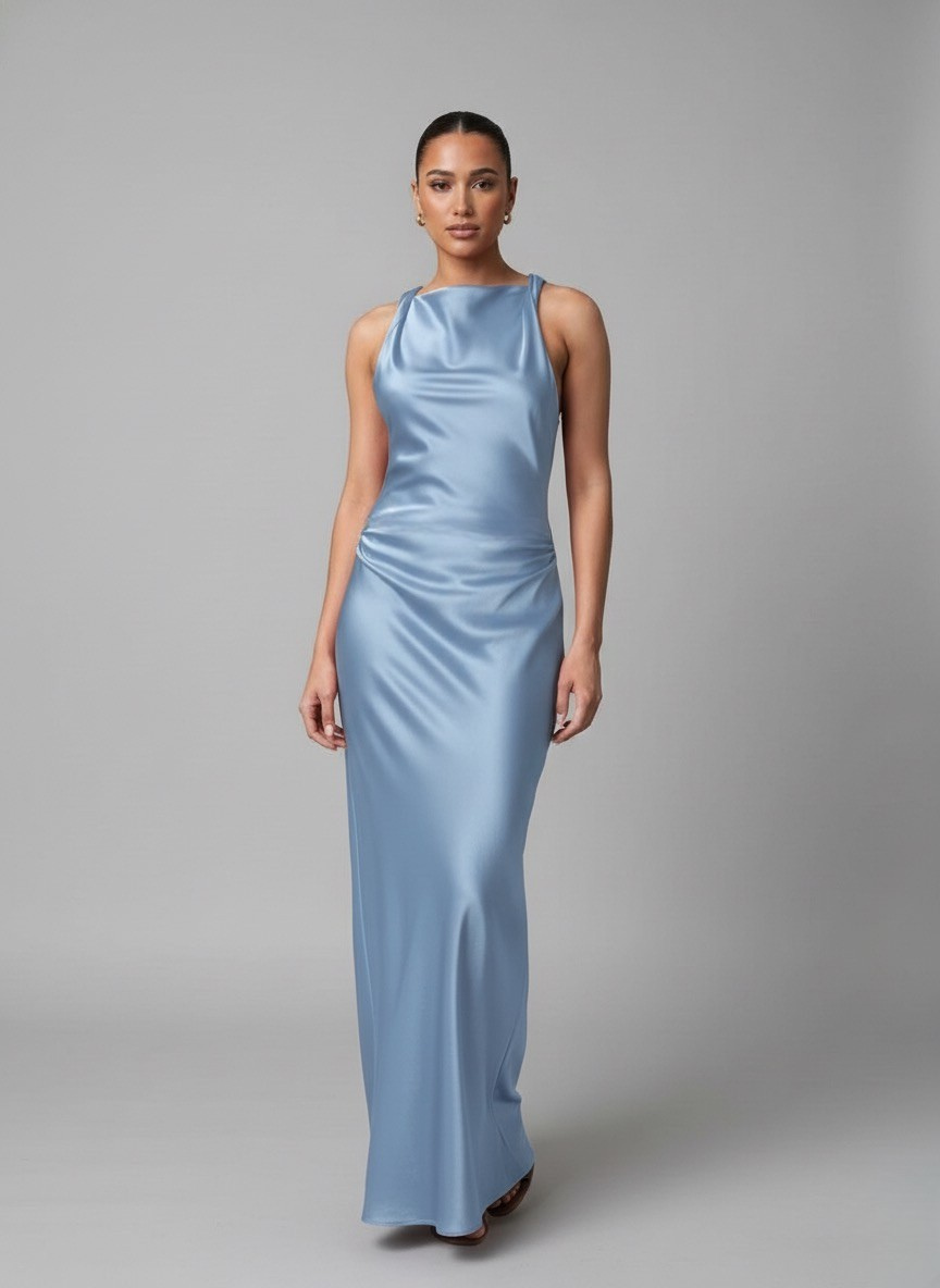 Luna’s Sleek Glossy Ruched Maxi Dress