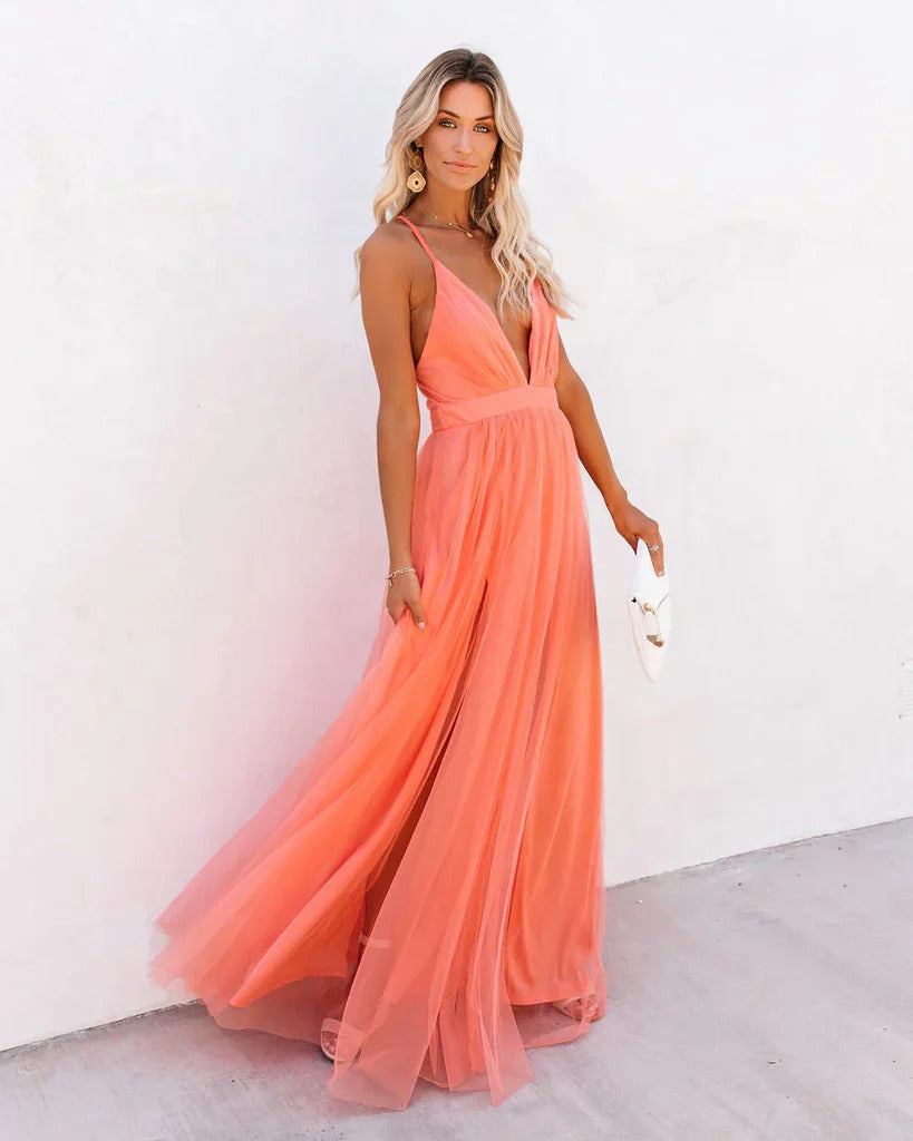 Luna’s Summer Muse Plunge Backless Maxi Dress