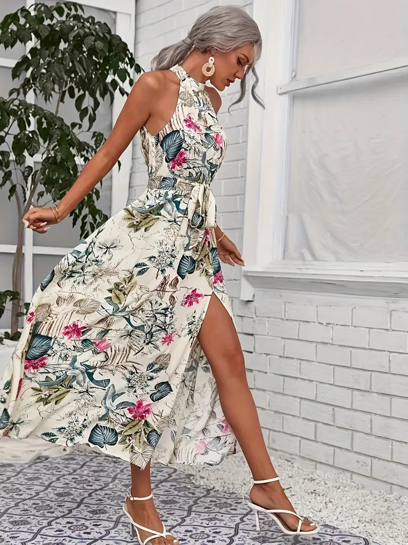 Luna’s Sunlit Whimsy Tie-Waist Halter Dress