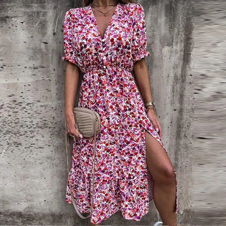 Luna’s Sunset Bloom Button-Front Midi Dress