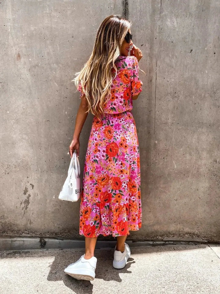 Luna’s Sunset Bloom Button-Front Midi Dress