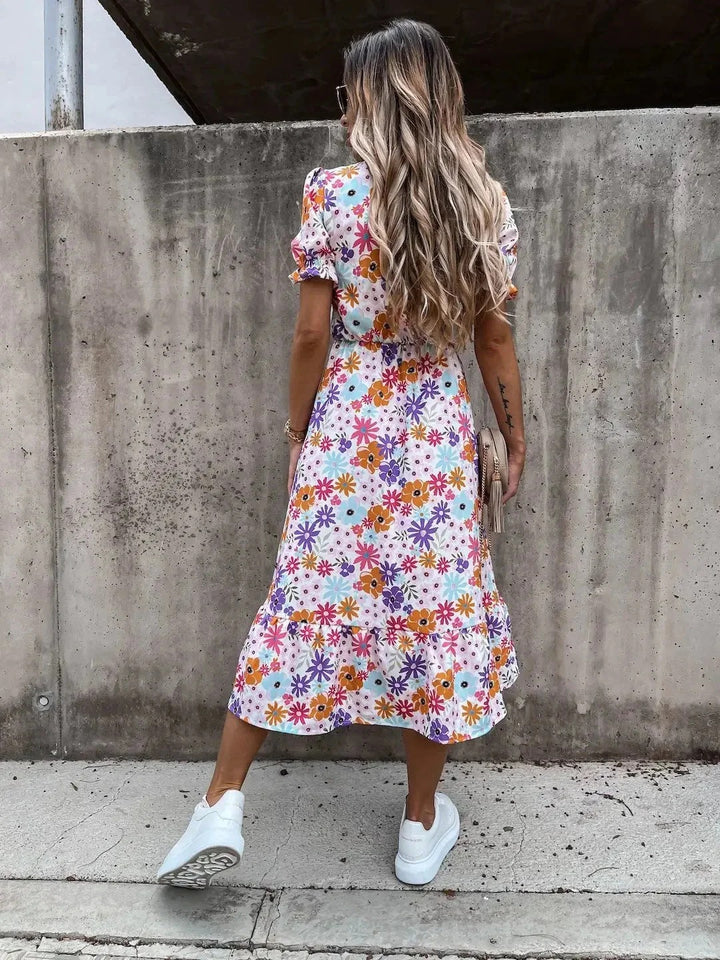 Luna’s Sunset Bloom Button-Front Midi Dress
