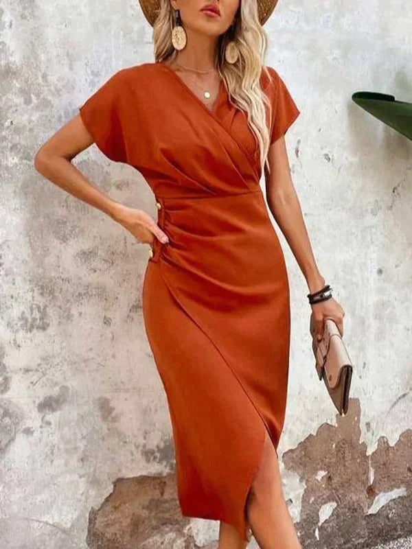 Luna’s Sunset Whisper Draped Midi Dress